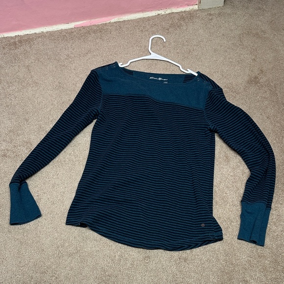 Eddie Bauer Women's Striped Long Sleeve Top - Black and Teal - Picture 1 of 4